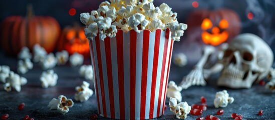 Composition photo with delicious popcorn and skeleton on dark background - Powered by Adobe