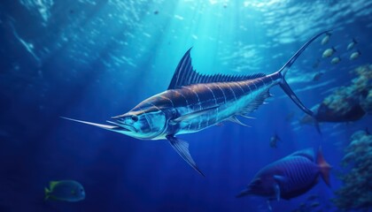 Fototapeta premium Giant Marlin fish in the ocean, beautiful view of marlin fish in the blue ocean