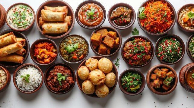 Indian food, isolated on white background. curry, samosa, bread roll, pani puri, pakora, indian and desi food dishes set, Ramadan Iftar collection