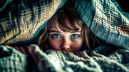 A young girl is hiding under a blanket