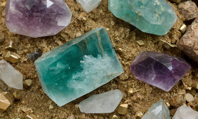The smooth, translucent surfaces of fluorite and quartz, contrasted by the rough, metallic luster of pyrite. The fluorite exhibits a deep, ethereal green hue.