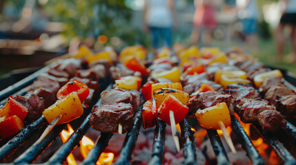 Barbecue with grilled meat and vegetables. - obrazy, fototapety, plakaty
