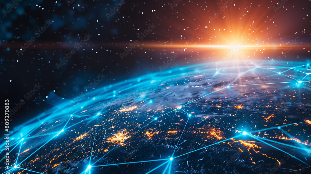 Poster a global global telecommunications network with nodes connected around the earth, the concept of the