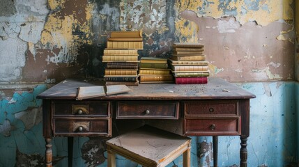 old chair in an abandoned house and desk in top of it many books old desk old books old chairs old wall 