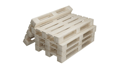 Stack of light wood pallets isolated on transparent and white background. Industry concept. 3D render