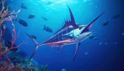 Fototapeta premium Giant Marlin fish in the ocean, beautiful view of marlin fish in the blue ocean