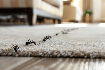 Photographic depiction of ants marching on a carpet edge against a bokeh household background
