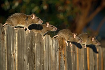 Ensemble of rats balancing atop a wooden garden fence against an evening sky backdrop