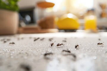Ants exploring scattered sugar granules on a kitchen countertop, indicating a search for food