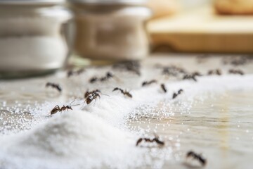 A detailed shot of ants navigating through sugar crystals on a marble kitchen countertop