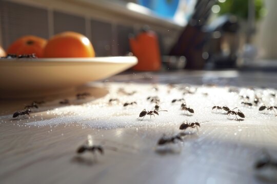 A sunny kitchen scene where ants are attracted to a plate of fruit, illustrating the food chain and the concept of invasion in a domestic space