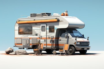 Modern recreational vehicle with surfboards parked for a beach vacation setup