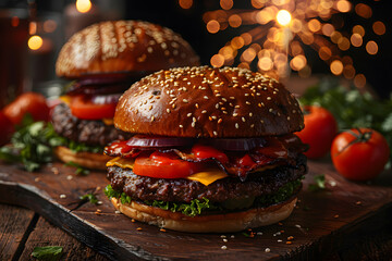 Burgers on a wooden board in pub, barbecue with American flag, beer and fireworks in the background. 4 July independence day celebration happy hours and sales.