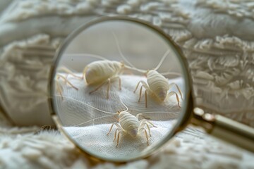 An up-close detailed photograph of multiple dust mites enlarged by a magnifying glass on a fabric surface