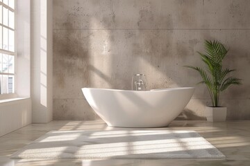 A contemporary designed spacious modern bathroom featuring a freestanding bathtub with plant decor