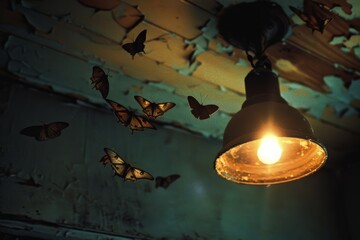 Mysterious ambiance with moths drawn to the warm glow of an incandescent bulb in a dim room