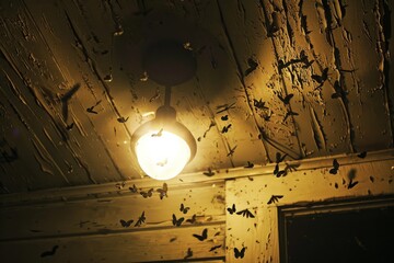 A multitude of moths engulfing a solitary light bulb in a dark, eerie space, invoking a sense of mystery