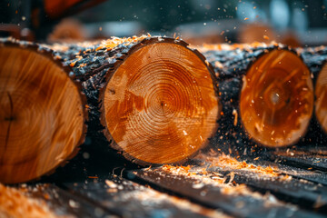 Logs are sawn into planks at sawmill. This closeup photo captures a stack of logs, showcasing their rugged texture