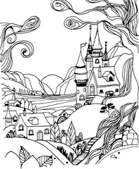 Paesaggio, borgo con castello, abitazioni, piante e colline. disegno a mano libera con contorni neri, da colorare
