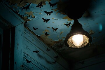 An ominous scene with fluttering moths around a single lit bulb, surrounded by the decay of peeling...