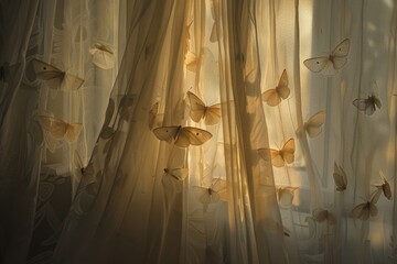 Warm light filters through sheer curtains with silhouetted butterflies, creating a serene atmosphere
