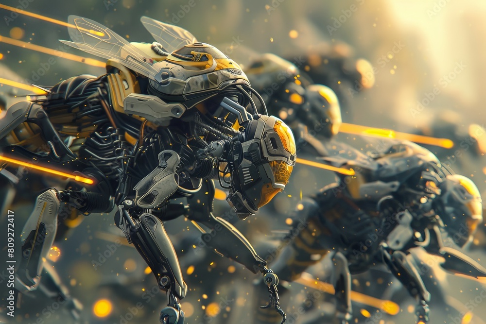 Poster A high-resolution image of a high-tech robotic bee with intricate mechanical details, symbolizing cutting-edge innovation