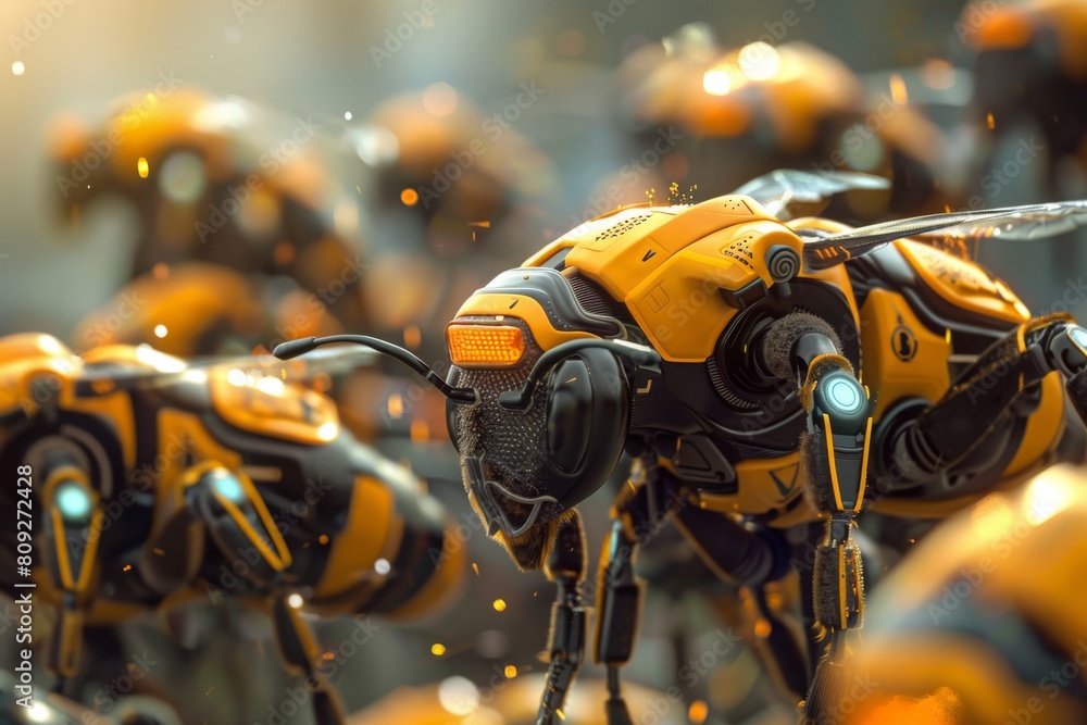 Poster Detailed image of a robotic bee with wings extended, showcasing complex design elements within a colony setting