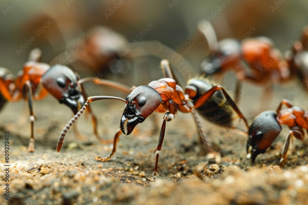 Poster detailed macro photography capturing the vivid textures and colors of ants foraging in their natural