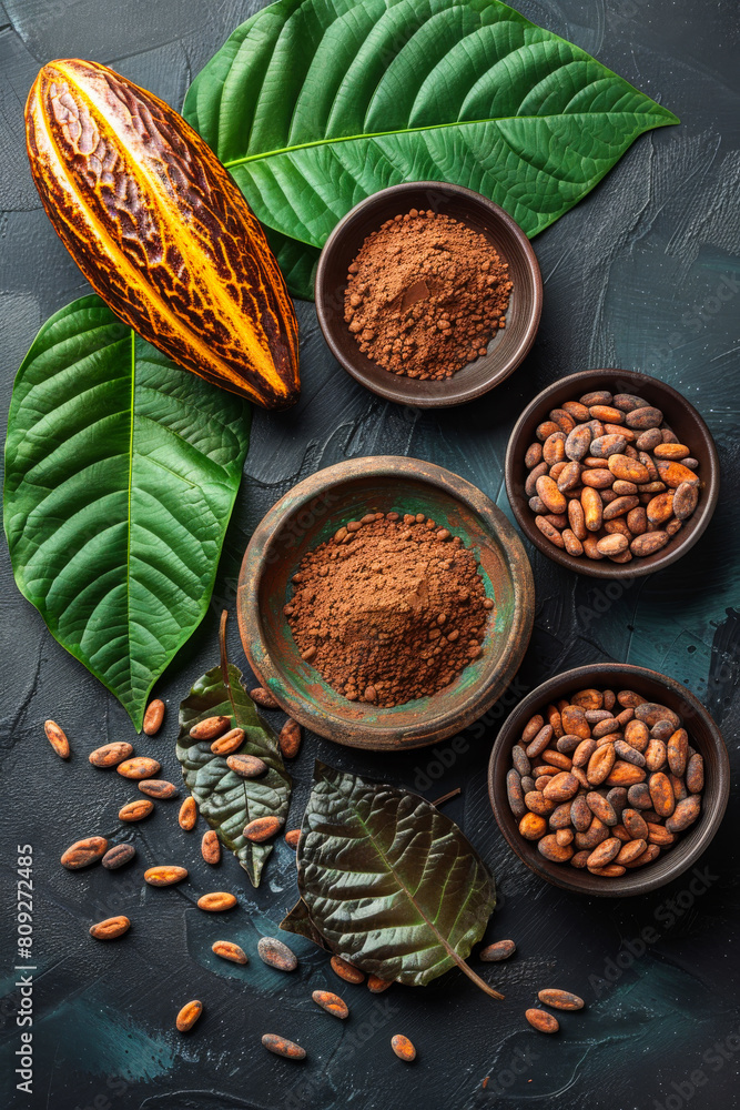 Poster cocoa powder cocoa beans and cocoa pods on black background