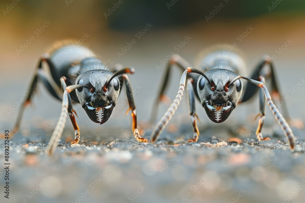 Poster High-resolution macro image showcasing the fierce details of an ant's features against a natural backdrop