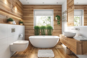 Spacious wooden bathroom featuring a freestanding bathtub, green plants, and a welcoming ambiance