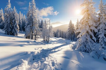 Fototapeta premium Snow-covered wilderness with clear blue skies and distant mountain peaks, showcasing a perfect winter wonderland