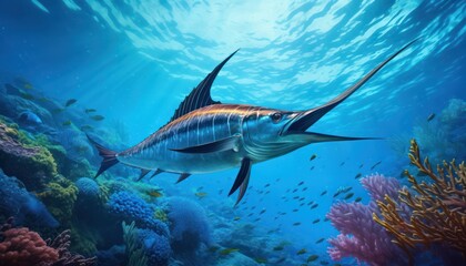 Fototapeta premium Giant Marlin fish in the ocean, beautiful view of marlin fish in the blue ocean