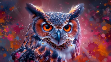 Vibrant digital artwork of an owl with striking orange eyes - Powered by Adobe