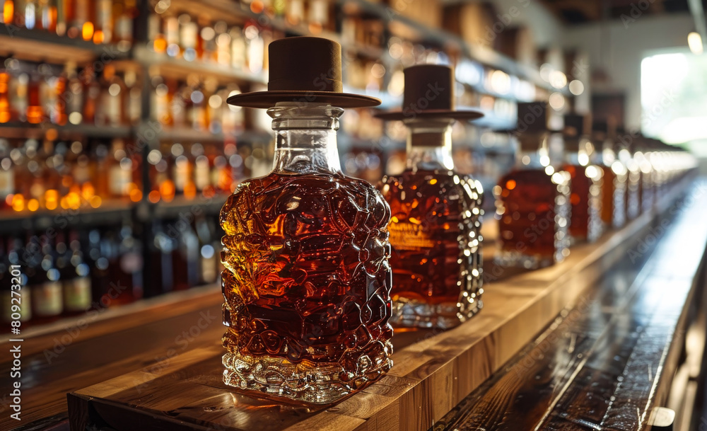 Aufkleber row of bottles of maple syrup on bar