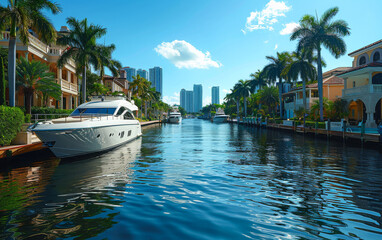 Yachts and boats at the canal in Miami Beach with buildings in the background