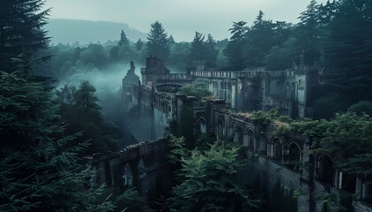 a victorian style lost ancient fantasy city surrounded by a forest, has a giant wall. generative AI