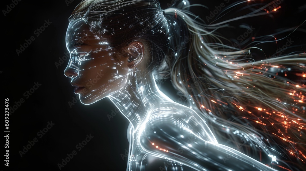 Aufkleber a womans face is framed by glowing lights in the background, casting a captivating glow on her featu