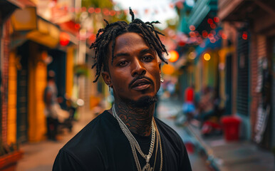 Obraz premium Young man with dreadlocks and tattoos posing in the streets of city