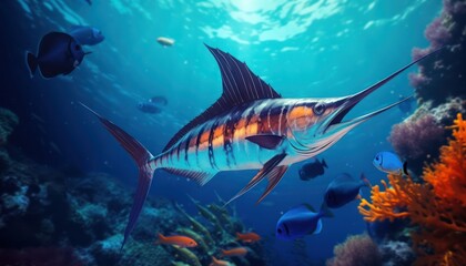 Fototapeta premium Giant Marlin fish in the ocean, beautiful view of marlin fish in the blue ocean
