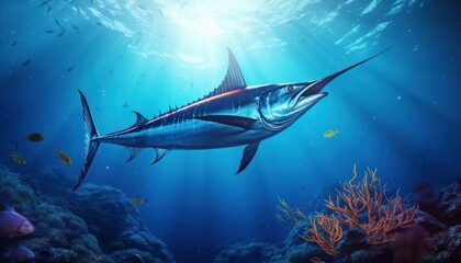 Fototapeta premium Giant Marlin fish in the ocean, beautiful view of marlin fish in the blue ocean