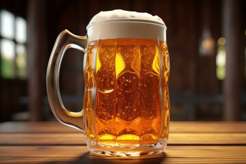Frothy beer mug filled with golden ale sits on a polished wood surface with a blurred pub background