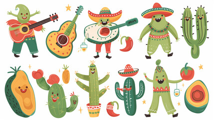 Fototapeta premium Cartoon Cactus Characters Playing Guitars