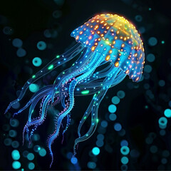 neon glowing jellyfish in a dark ocean