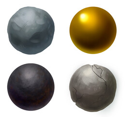 Set of 4 simple materials (2 types of stone, gold and metal) render balls