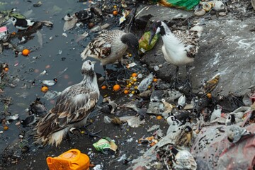 Waterbirds navigating through plastic pollution and trash in a polluted water body. Environmental issue concept depicting wildlife affected by waste and environmental neglect. Generative AI