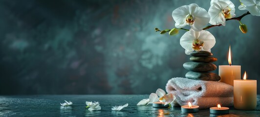 Elegant spa ambiance with towels, orchids, and lit candles. Luxurious environment. Concept of serene wellness, elegant relaxation, and luxury spa setting. Wide banner. Copy space