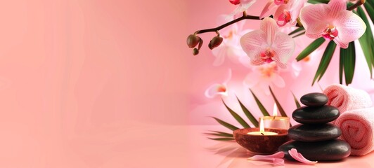 Elegant spa setting with lit candles, orchid flowers, towels. Calming pink wellness retreat for relaxation. Concept of luxury Thai spa, tranquility, self-care, health retreat. Banner. Copy space