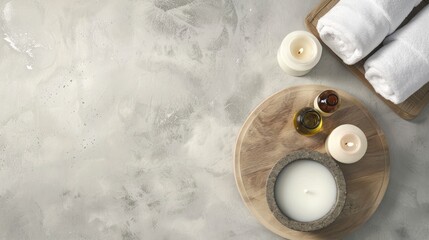 Spa essentials on a tray on a light textured background. Candles, towels, and essential oil set for relaxation. Concept of spa treatment, wellness, and serene decor. Banner. Copy space