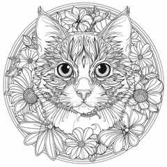 Cat surrounded by floral patterns in a mandala design. Line art illustration with intricate details for coloring book or relaxation activity. Generative AI